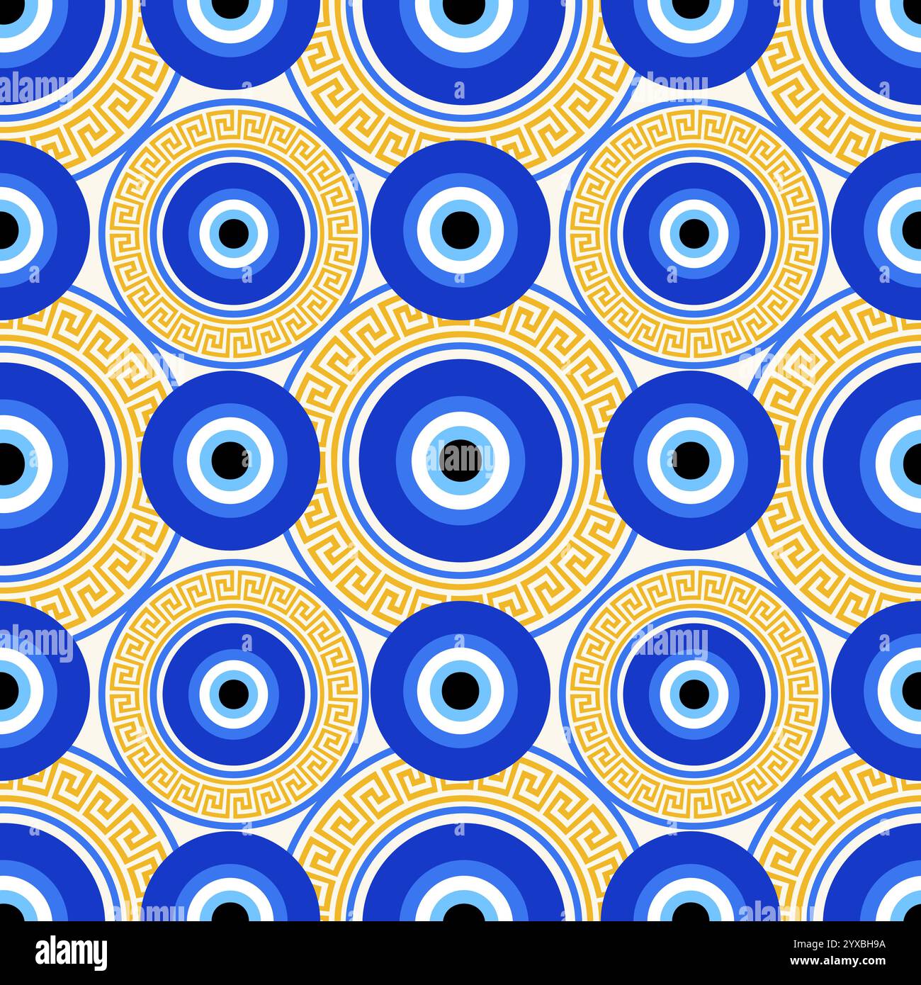 Motif mauvais oeil sans couture. Perle bleue turque avec méandre. Fond magique de vecteur grec avec le symbole ethnique nazar de protection et de chance. Traditionnel Illustration de Vecteur