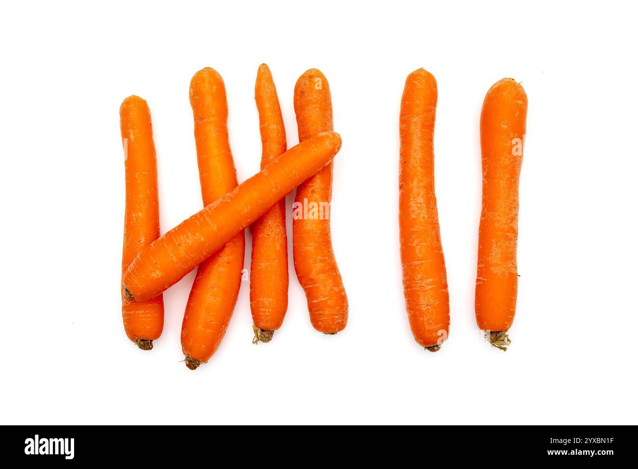 Exercice de comptage avec sept carottes sur un fond blanc Banque D'Images