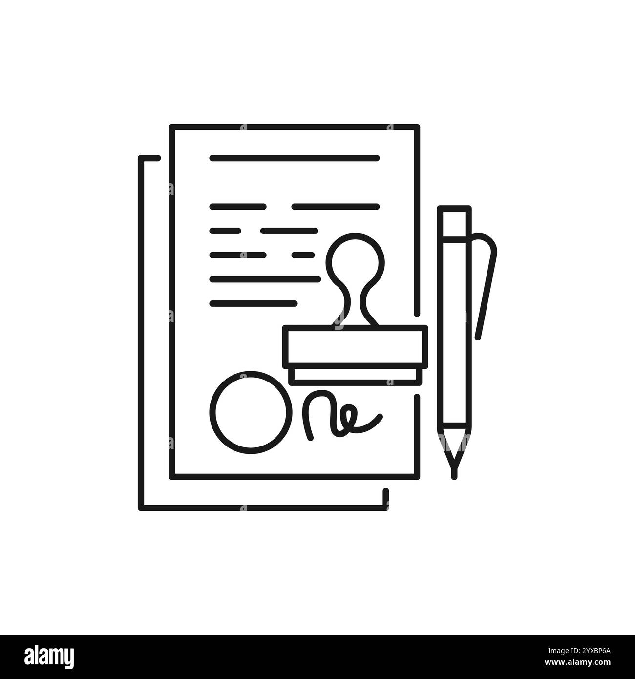 Icône de ligne plate du contrat. Documents papier avec signe de timbre. Logo linéaire mince pour les services financiers juridiques, la comptabilité. Illustration de Vecteur
