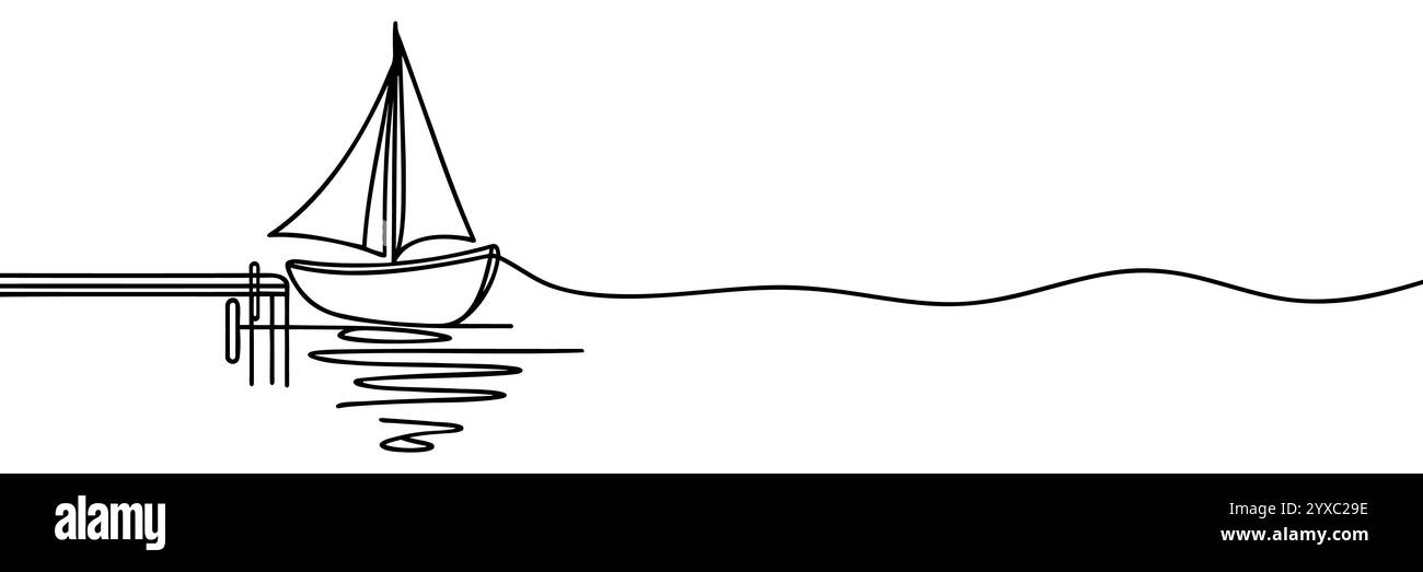 voilier à l'embarcadère sur le rivage. Dessin au trait continu. Illustration, vecteur. Illustration de Vecteur
