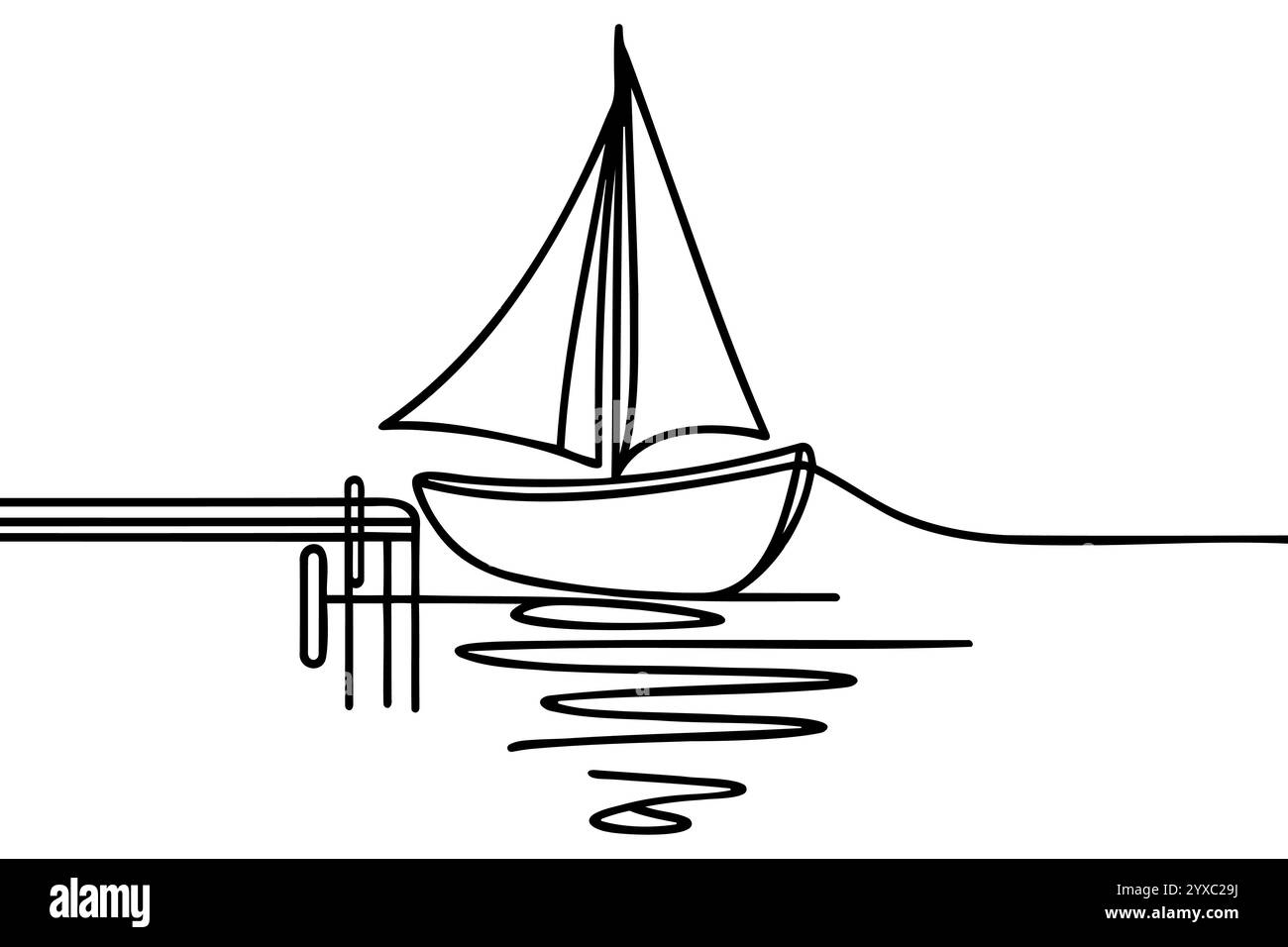voilier à l'embarcadère sur le rivage. Dessin au trait continu. Illustration, vecteur. Illustration de Vecteur