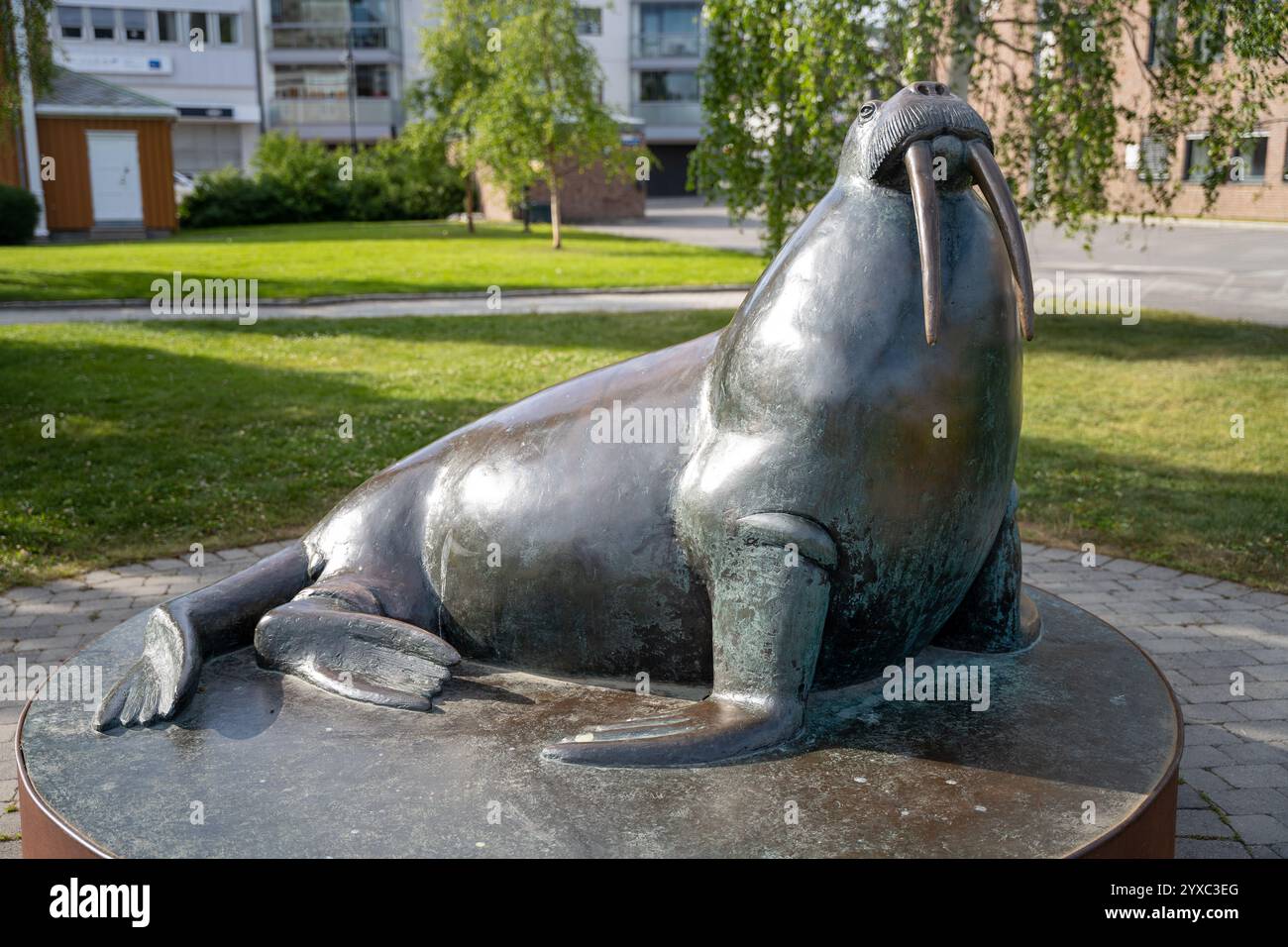 Harstad, Norvège - 07.05.2024 : sculpture de morse sur le quai de Harstad en Norvège Banque D'Images