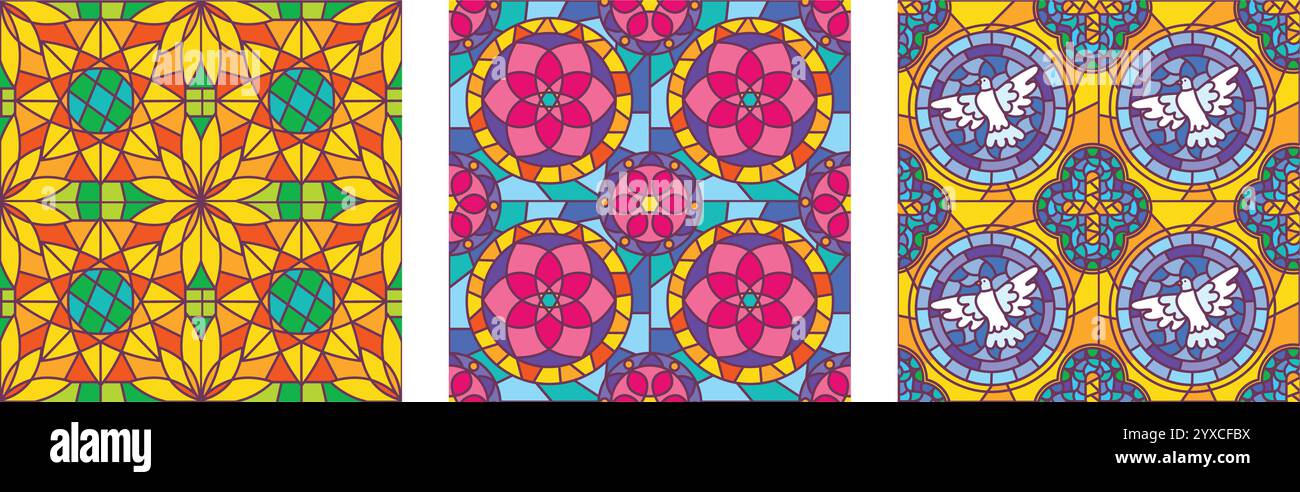 Motif sans couture pour vitrail. Motifs géométriques et floraux vibrants en mosaïque inspirés du verre de cathédrale et d'église Verre décoratif Illustration de Vecteur