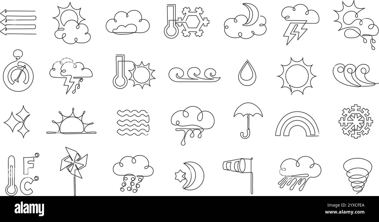 Icônes météo continues d'une ligne. Symboles minimalistes de prévisions météorologiques linéaires pour les nuages, le soleil, la pluie, le vent et les éléments vectoriels de contour météorologique Illustration de Vecteur