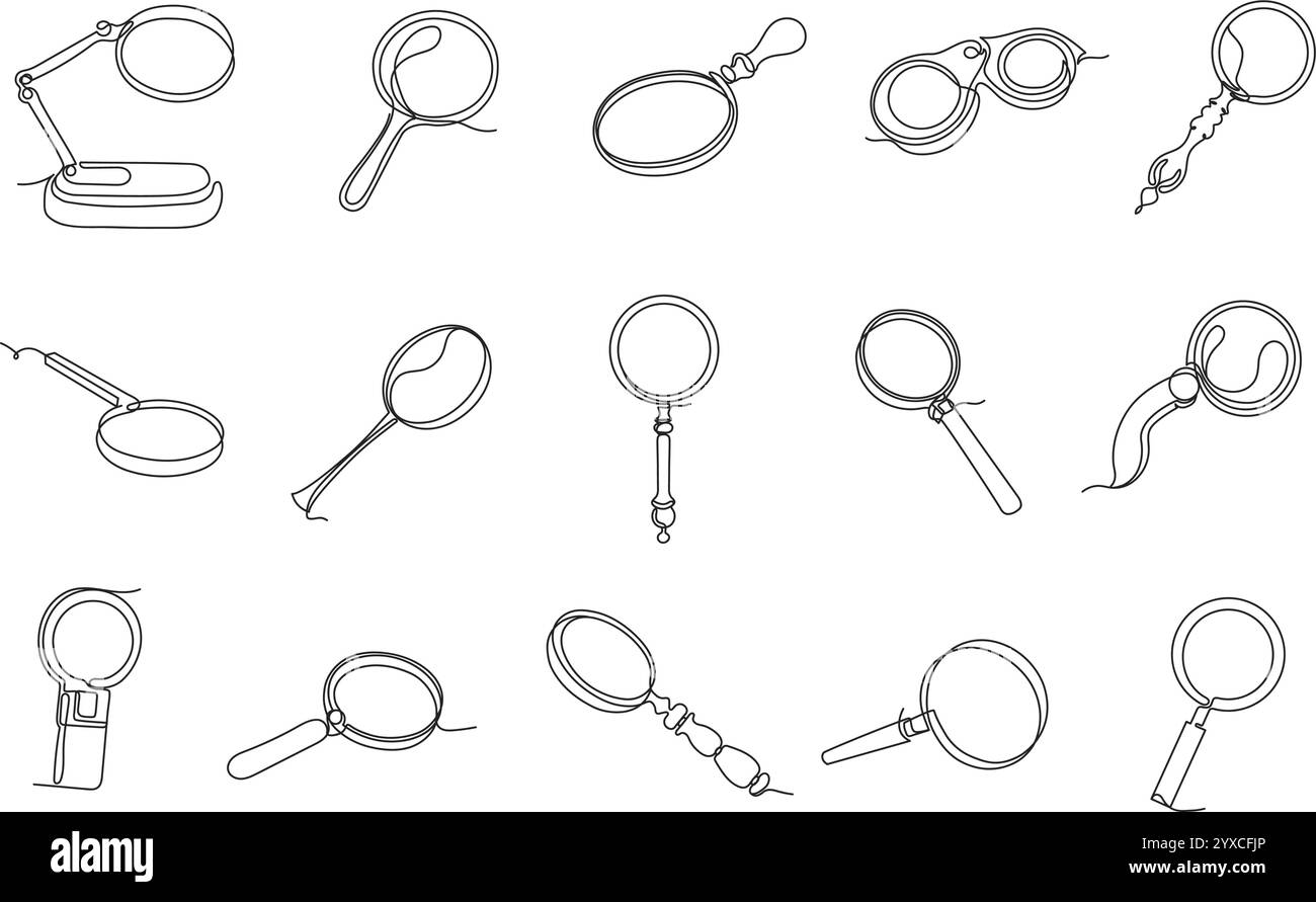 Loupes continues sur une ligne. Loupes linéaires minimalistes, icône de recherche de loupe antique, monocle dessiné à la main et verre explorateur Illustration de Vecteur