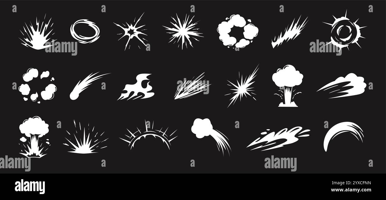 Formes d'explosion d'énergie de dessin animé. Ondes de souffle dynamiques avec nuages de fumée, flammes de feu, étincelles et éclats d'impact. Effets visuels d'explosions énergétiques Illustration de Vecteur