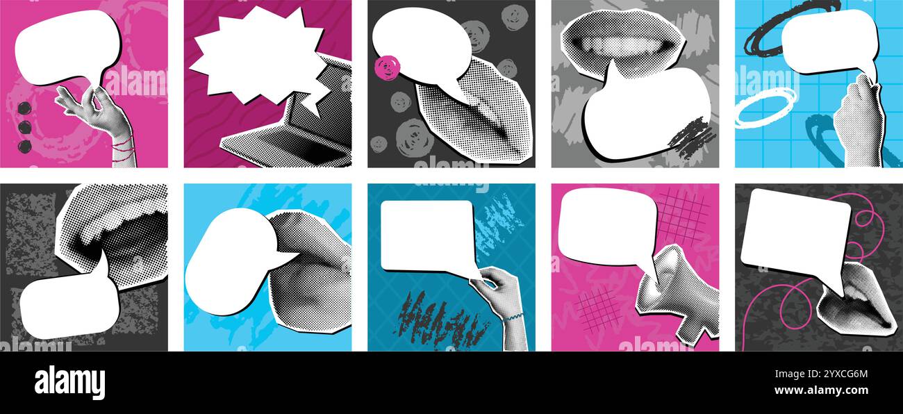 Collage de bulles de parole. Cadres de citation rétro pop art, lèvres coupées scrapbooking, mains, ordinateur portable et mégaphone avec boîte de dialogue BD. Publication sur les réseaux sociaux Illustration de Vecteur