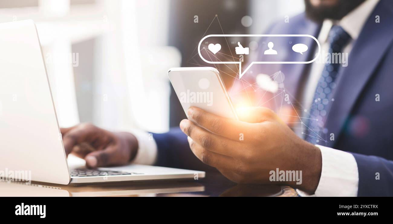 Spécialiste du marketing Web avec téléphone mobile et ordinateur portable, créant des contenus de médias sociaux captivants pour promouvoir la marque, le collage Banque D'Images