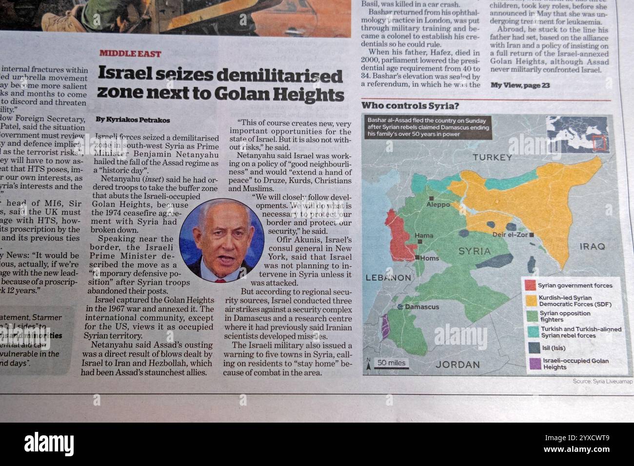 'Israël s'empare de la zone démilitarisée à côté des hauteurs du Golan' i titre de journal et carte chute du régime d'Assad en Syrie article 10 décembre 2024 Londres Royaume-Uni Banque D'Images