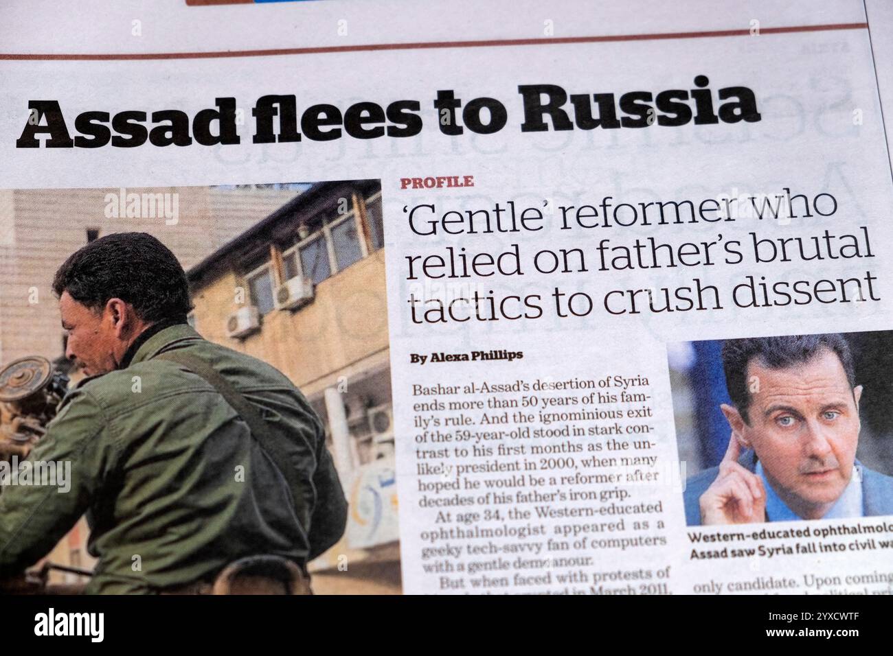 'Assad fuit en Russie' i journal inews newspaper titre du journal chute du régime de Bachar al-Assad en Syrie article 10 décembre 2024 Londres Royaume-Uni Banque D'Images