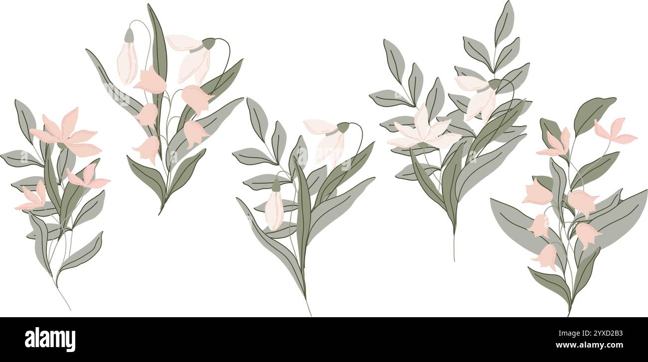 Illustration plate botanique élégante, bouquets aux feuilles vertes douces et fleurs rose pastel, lys de la vallée et gouttes de neige. Design minimaliste Illustration de Vecteur