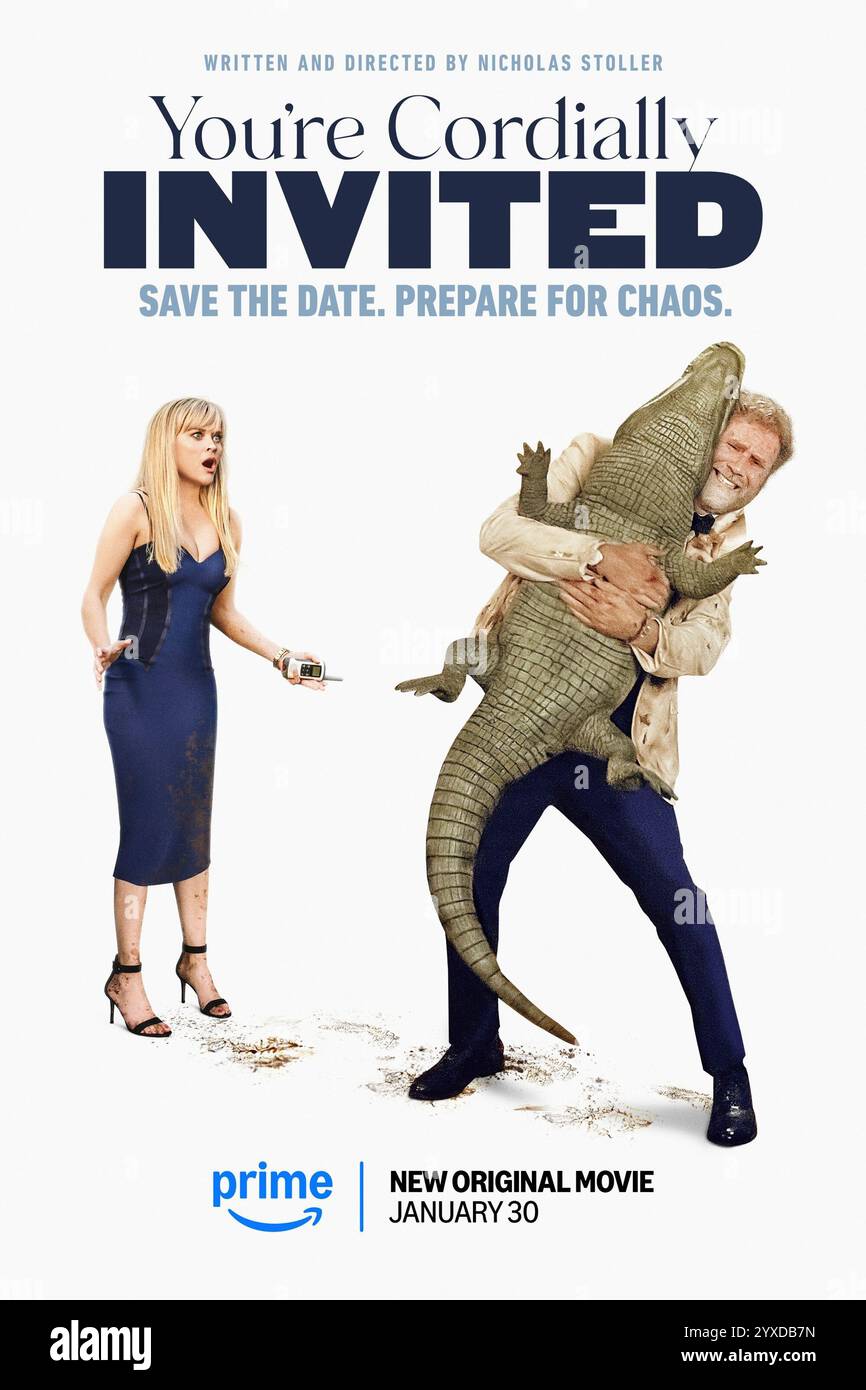 Vous êtes cordialement invité (2025) réalisé par Nicholas Stoller et mettant en vedette Will Ferrell, Reese Witherspoon et Geraldine Viswanathan. Une comédie chaotique sur les lieux de mariage doubles et les affrontements entre familles. Affiche publicitaire À USAGE ÉDITORIAL EXCLUSIF. Crédit : BFA / Amazon Prime Banque D'Images
