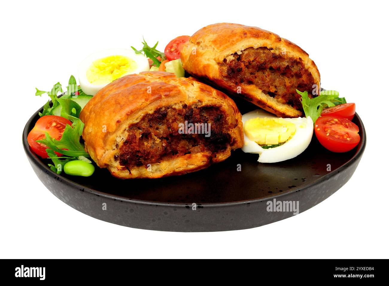Porc tout beurre feuilleté pain repas de saucisse avec salade d'œufs frais Banque D'Images