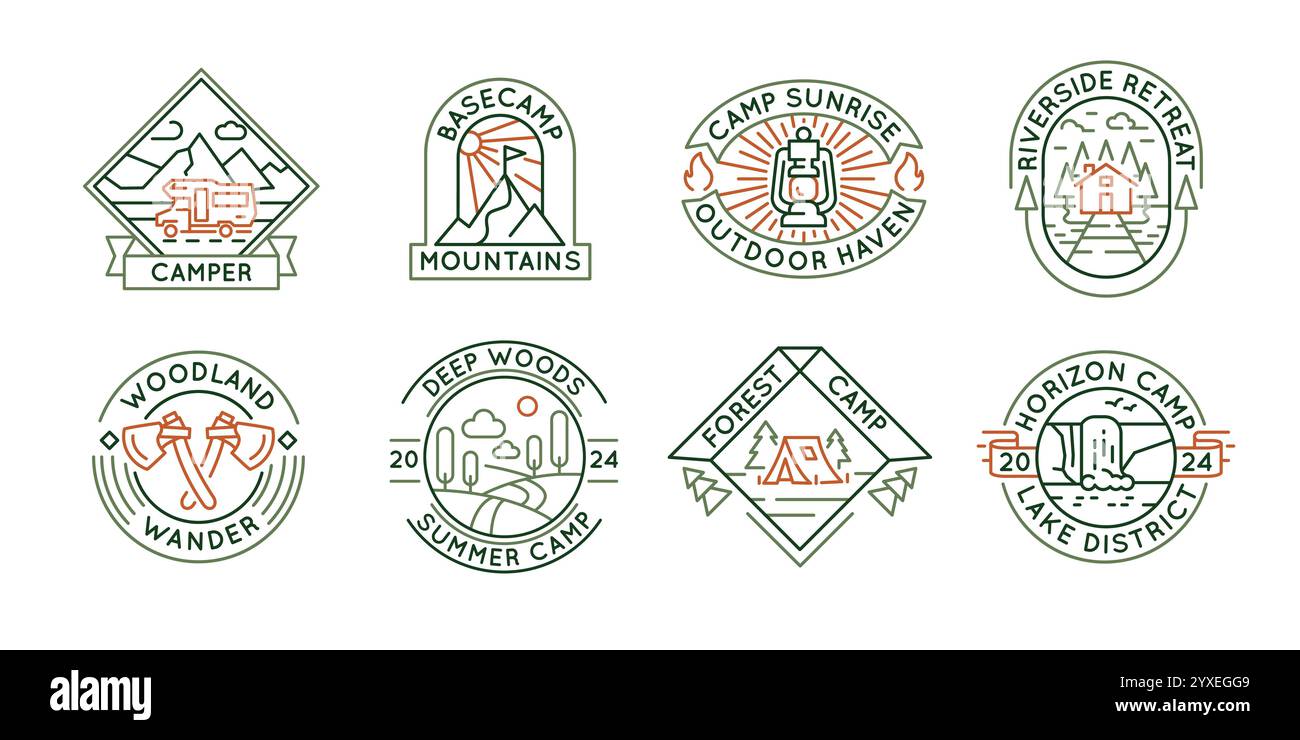 Ensemble de 8 icônes de logo camping et aventure en plein air Illustration de Vecteur