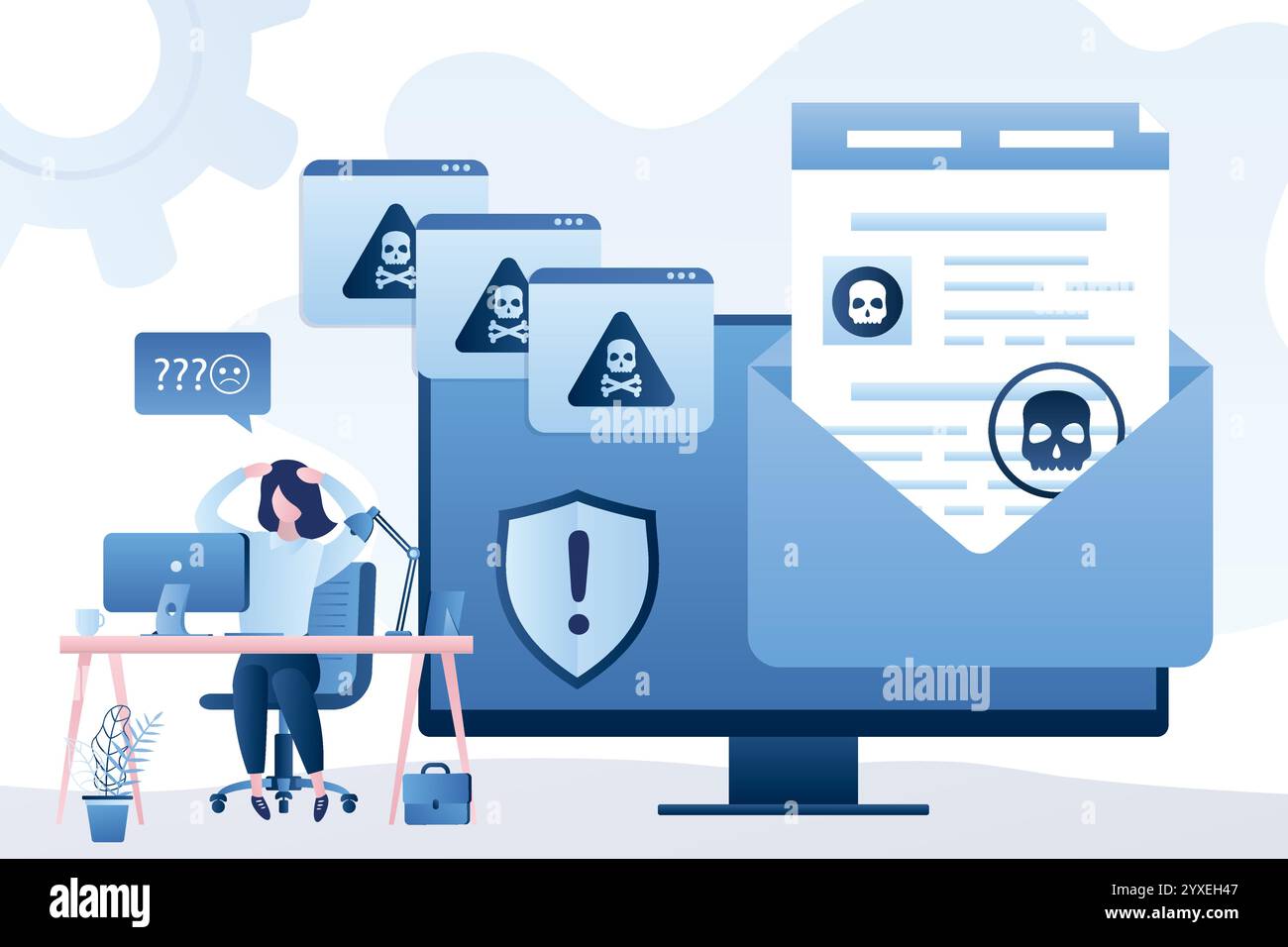 Spamming, virus infectés fichiers et e-mails. Virus bot. Danger de piratage réseau. Erreurs sur l'écran du moniteur et employée malheureuse sur le lieu de travail. Pirate Illustration de Vecteur