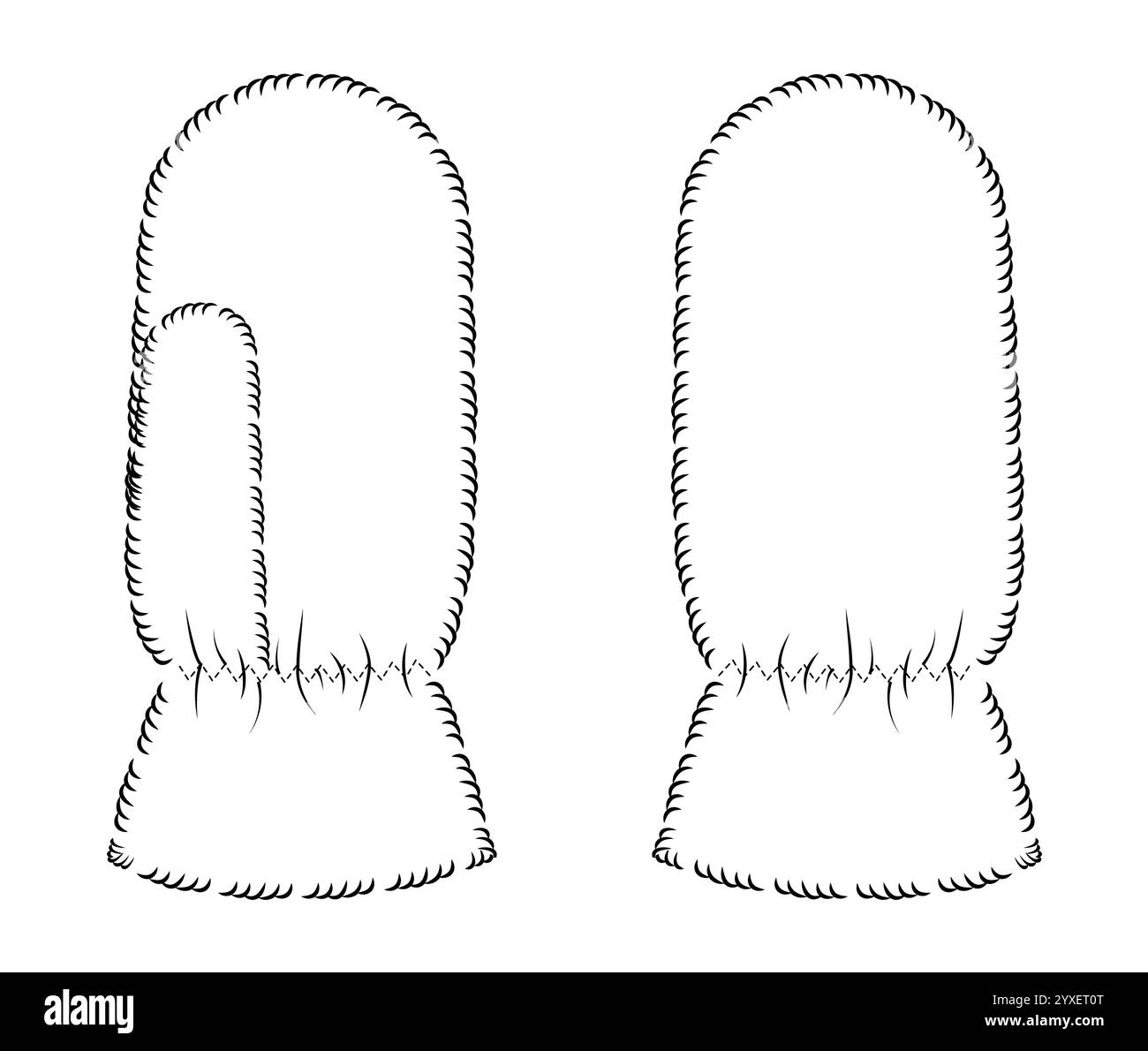 Poil fourrure One-Fingered Mitten gants longueur poignet accessoire de mode main vêtements illustration technique vêtement. Vue arrière avant de vecteur pour hommes femmes style plat modèle CAD maquette contour d'esquisse Illustration de Vecteur