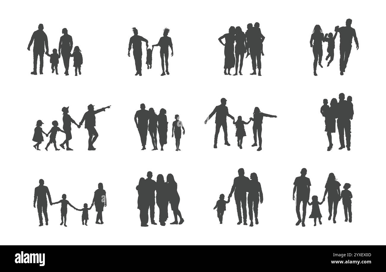 Silhouettes de famille, silhouette de famille heureuse, vecteurs de famille heureuse, silhouette de famille noire, vecteurs de famille noire. Illustration de Vecteur