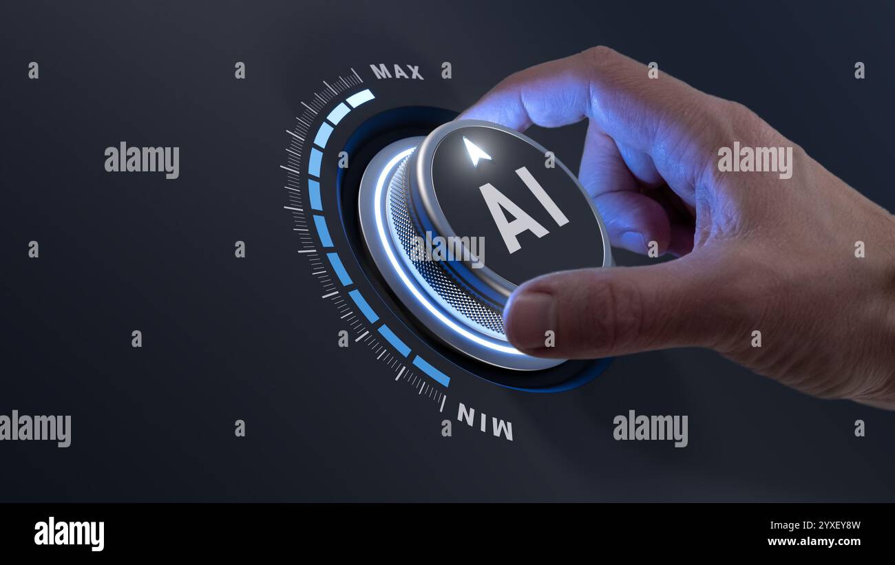 Consultant en implémentation et intégration IA tournant le bouton pour rationaliser et automatiser les flux de travail d'entreprise avec la technologie de l'intelligence artificielle, impro Banque D'Images