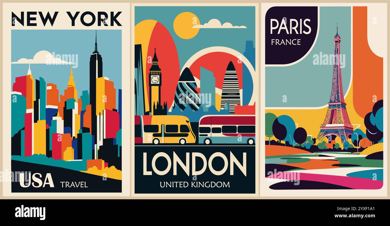 Ensemble d'affiches de destination de voyage dans un style rétro Illustration de Vecteur