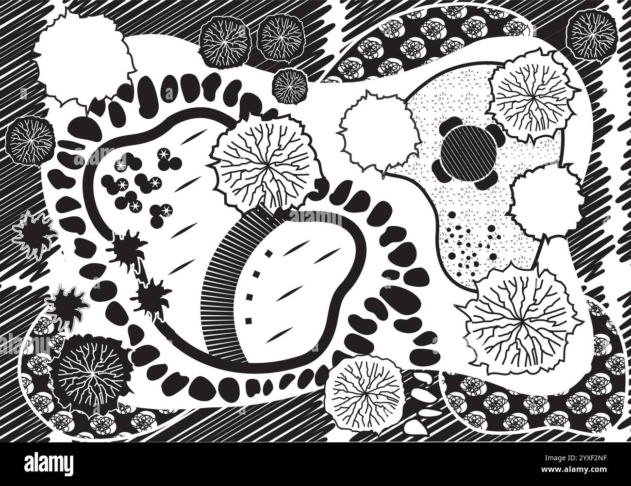 Plan de paysage et de conception de jardin avec piscine, illustration professionnelle, vue de dessus - vecteur noir et blanc Illustration de Vecteur