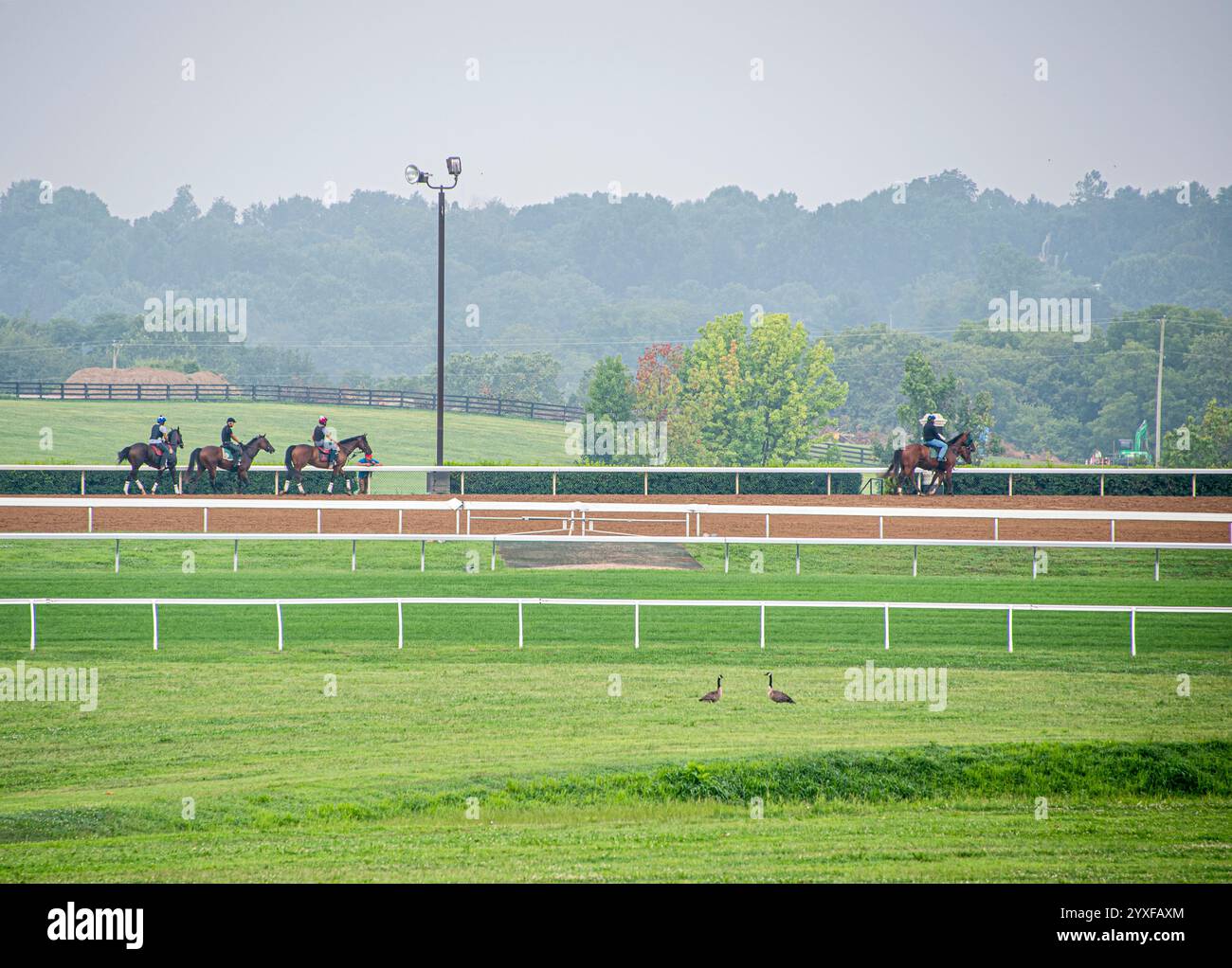 L'image montre une vue pittoresque de l'hippodrome de Keeneland, mettant en vedette des jockeys chevauchant élégamment leurs chevaux le long des pistes. La toile de fond sereine Banque D'Images