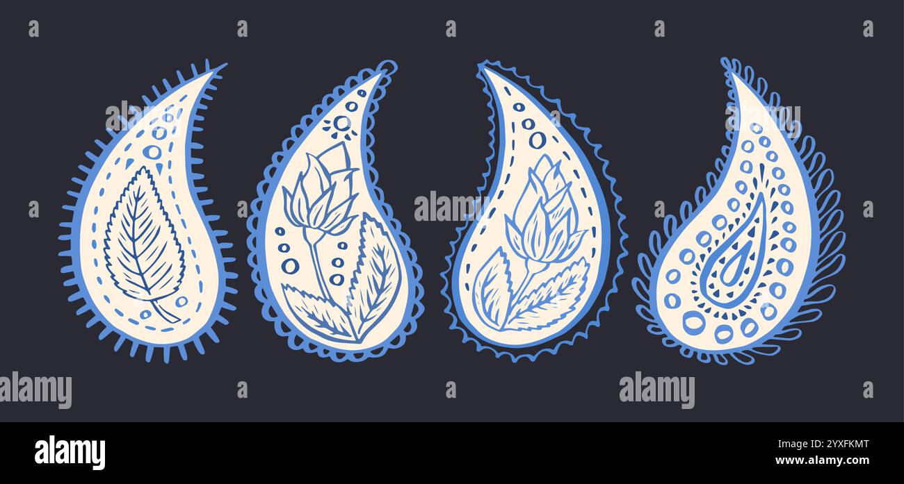 Ensemble de motifs cachemire monochromes bleus dessinés à la main Illustration de Vecteur