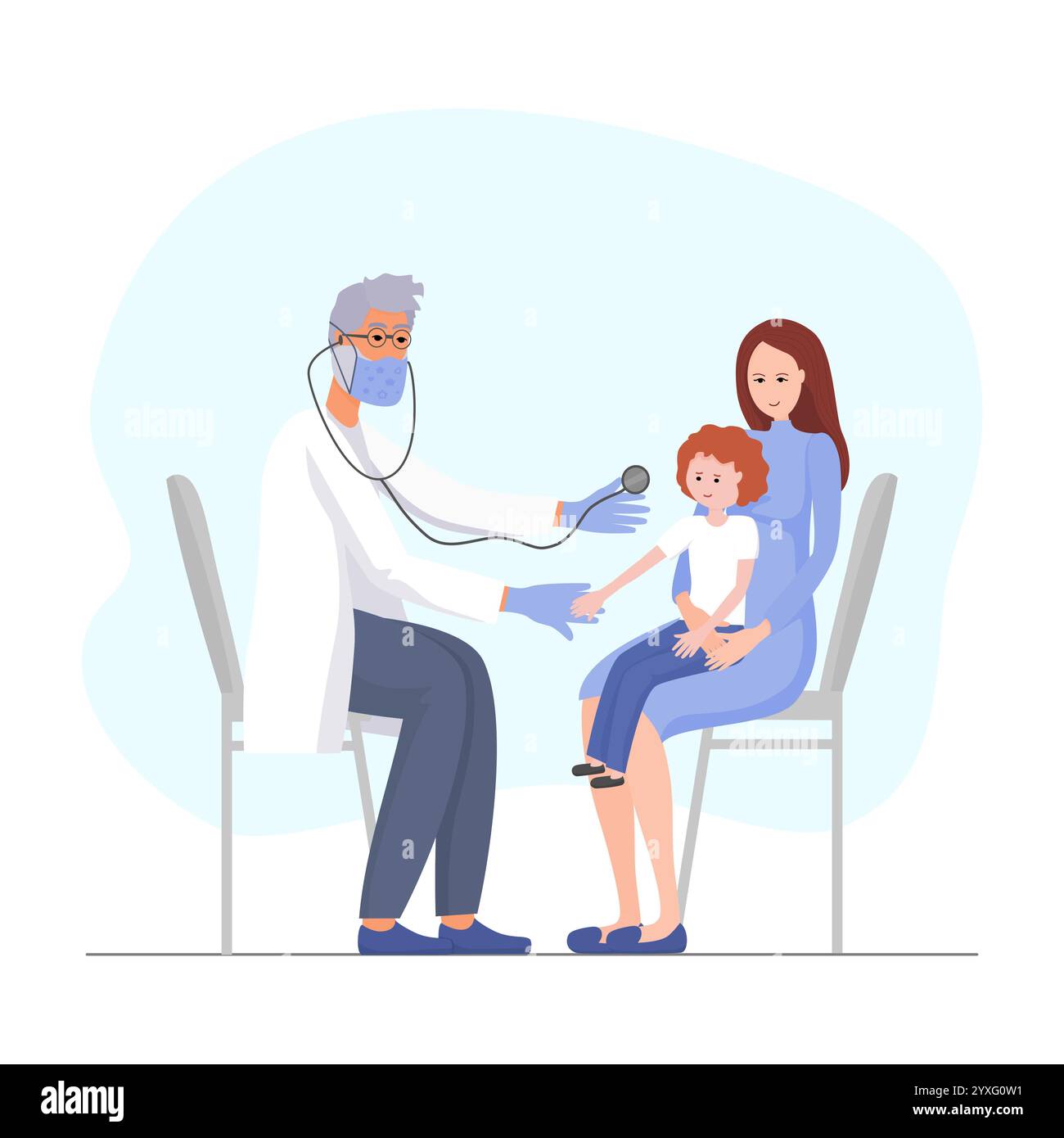 Maman avec bébé assis sur la chaise devant le médecin avec stéthoscope Illustration de Vecteur