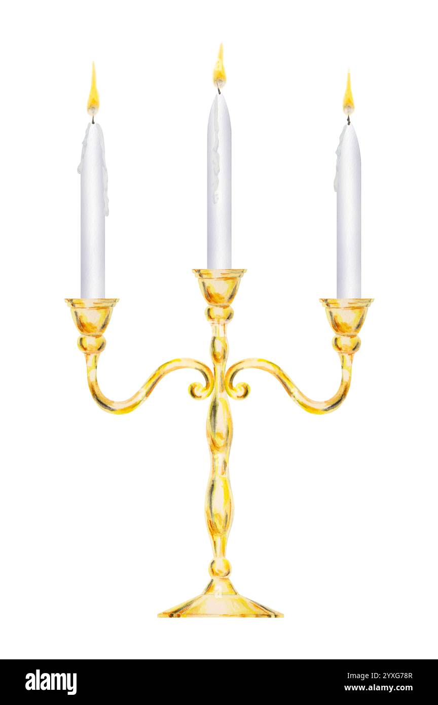 Aquarelle isolé clip art de candélabre doré élégant avec trois bougies blanches brûlant avec une flamme jaune. Parfait pour les mariages, décor événementiel Banque D'Images