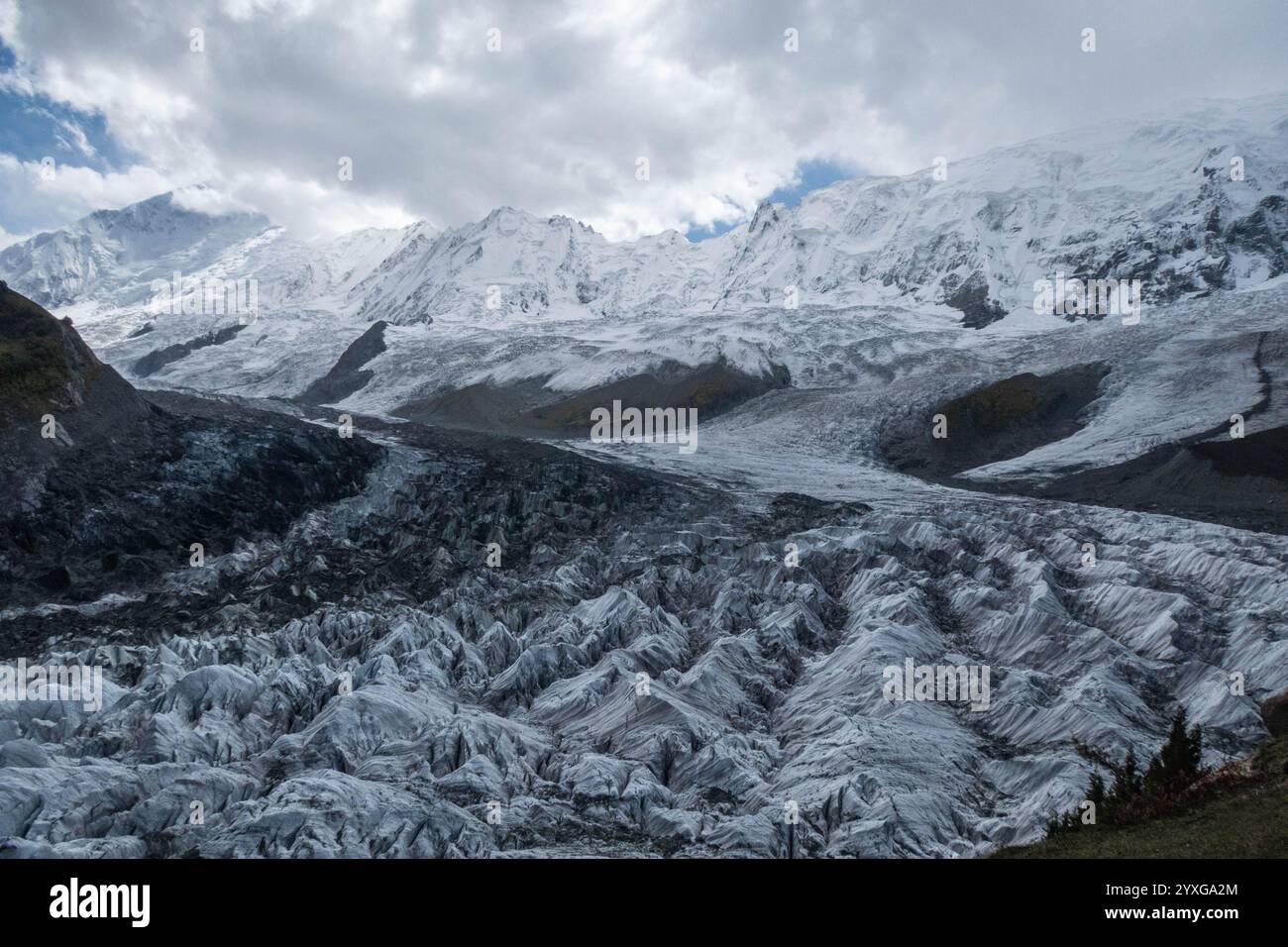 Vues incroyables sur Diran et le glacier Minapin depuis le camp de base de Rakaposhi, Minapin, Nagar, Baltistan, Pakistan Banque D'Images