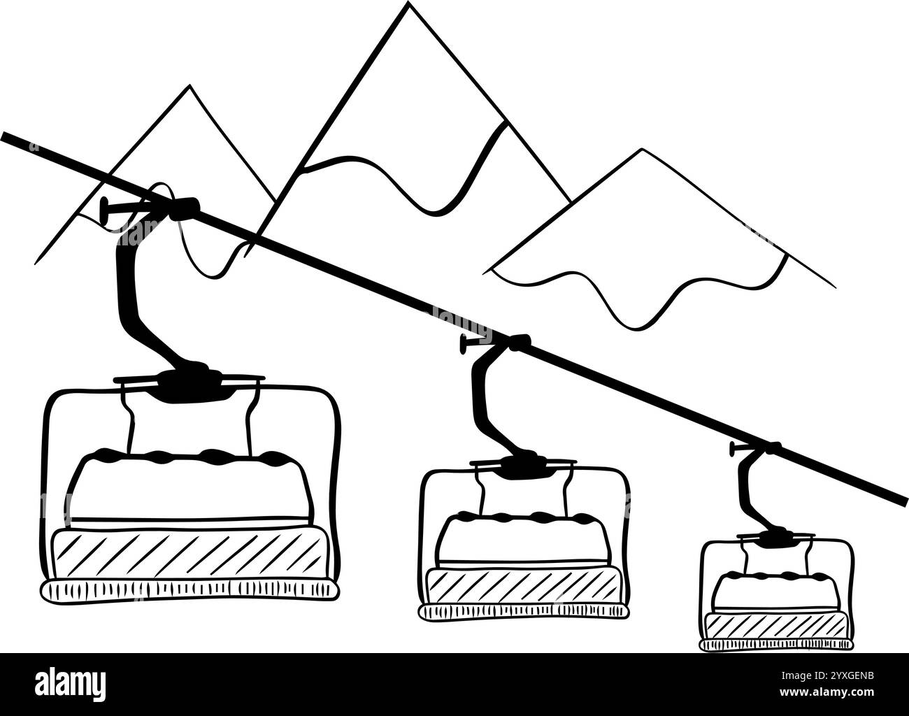 Mountain Lift Cable car transport vectoriel de ligne graphique composition. montagnes avec neige. Sports d'hiver récréatifs, vacances et vacances. Illustration de Vecteur