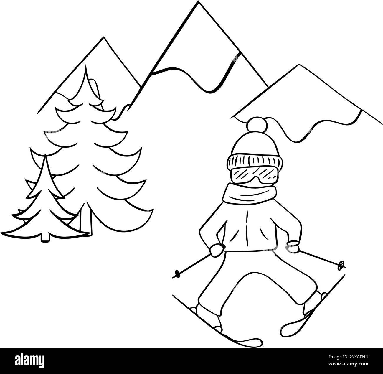 Skieur jeune dans les montagnes avec des pins. Paysage pittoresque, saison de ski. Illustration de ligne graphique vectorielle. Vacances en plein air, hôtel mémorable. Act Illustration de Vecteur