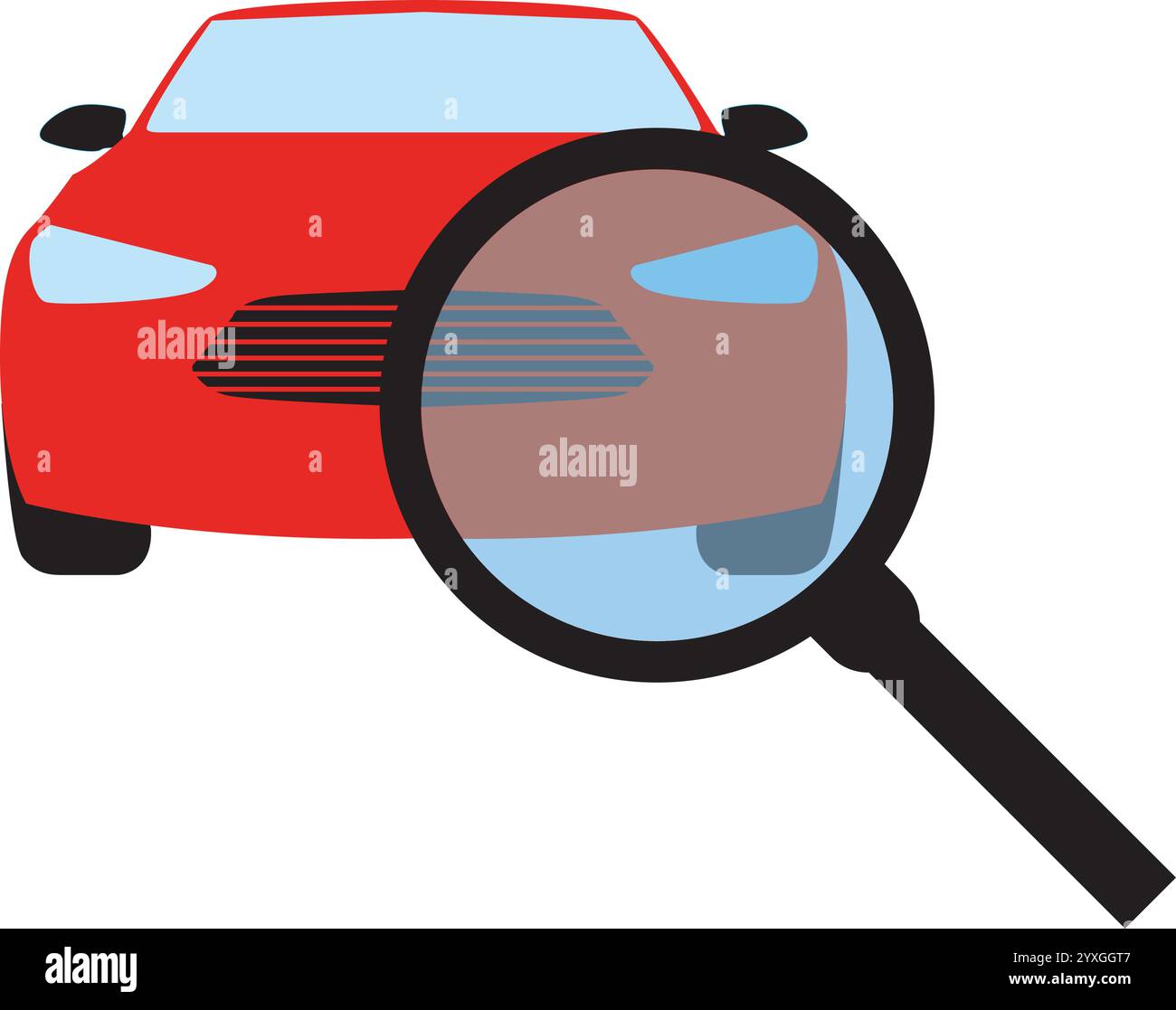 Icône de voiture d'inspection technique, loupe avec véhicule, recherche automatique, symbole sur fond blanc Illustration de Vecteur