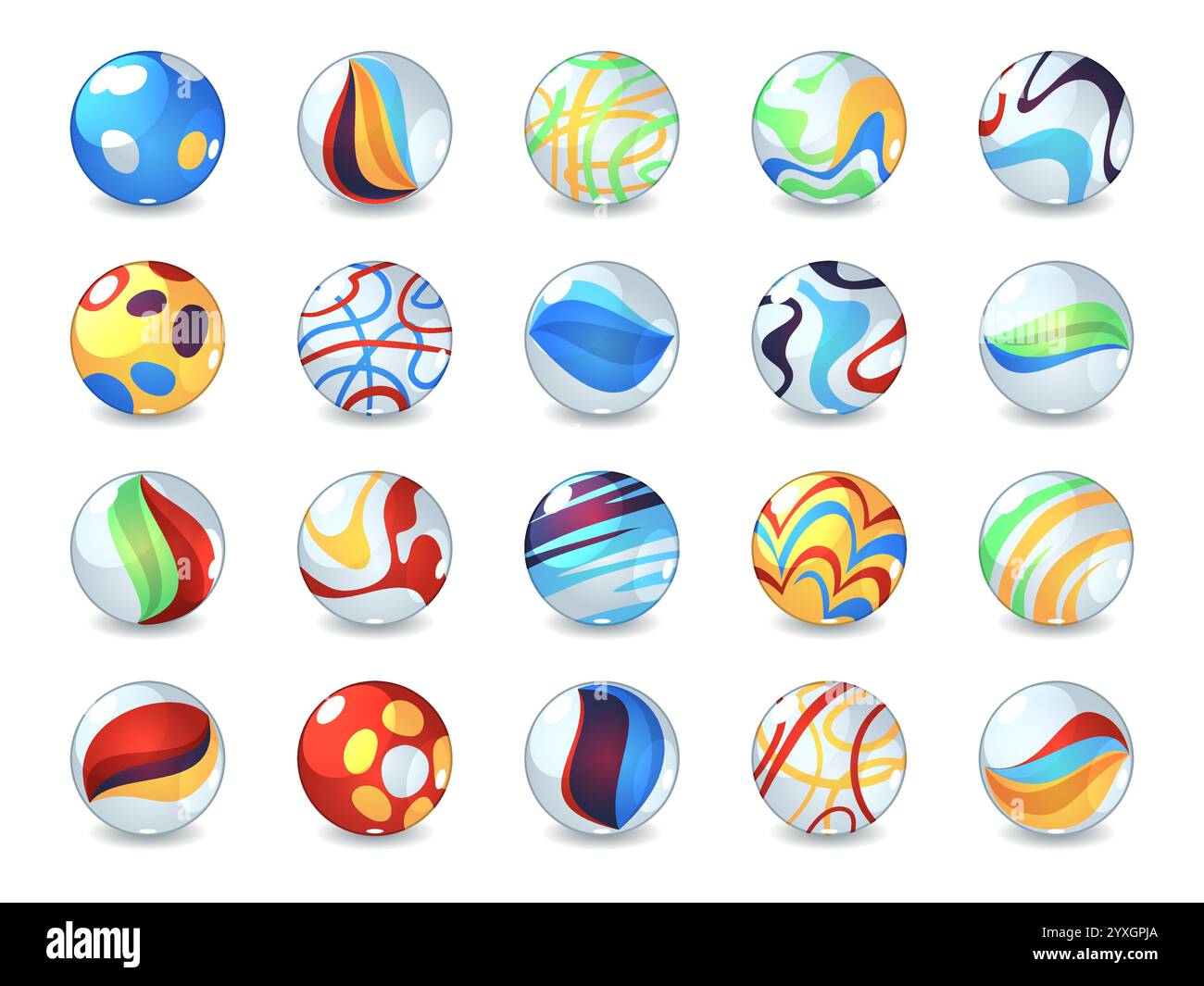Boules de verre colorées. Éléments de jeu de marbres, jouet transparent, sphères multicolores réfractaires avec différents motifs abstraits de style à l'intérieur, gouttes rondes Illustration de Vecteur