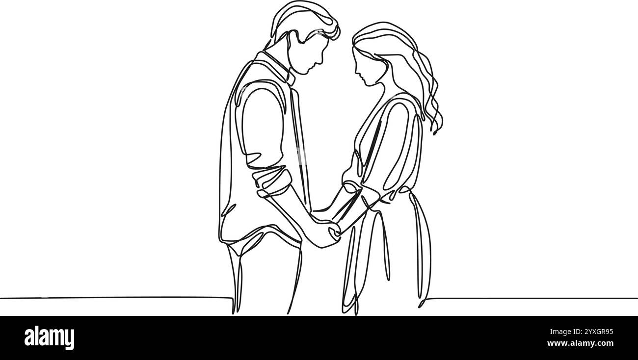dessin au trait continu de la femme et de l'homme tenant les mains face à face, illustration vectorielle d'art au trait Illustration de Vecteur