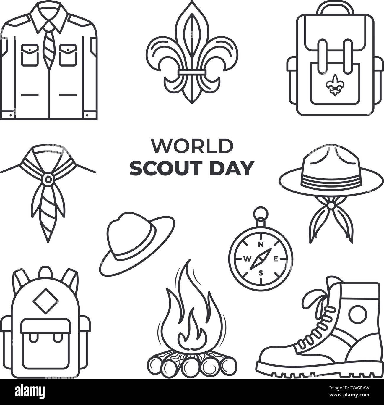 World of Scout Day collections d'icônes vectorielles avec design de dessin au trait Illustration de Vecteur