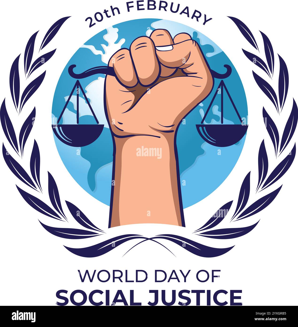 Journée mondiale de la justice sociale signe vectoriel avec la main dessinée de la main tenant des échelles de justice Illustration de Vecteur
