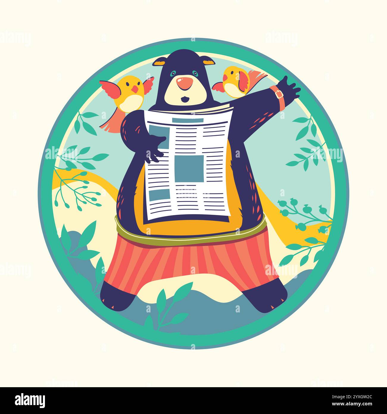 Personnages animaux lisant le journal illustration vectorielle. Ours Bookworm Illustration de Vecteur