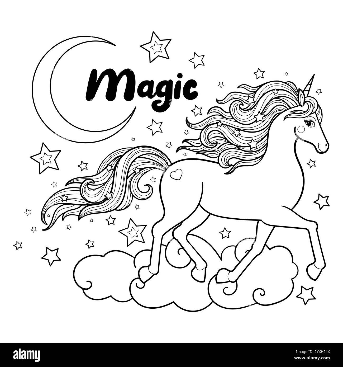Belle licorne lune et étoiles. Lettrage magique. Dessin linéaire noir et blanc. Isolé sur fond blanc. Pour la conception pour enfants de coloriage BOO Illustration de Vecteur