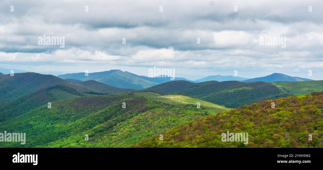 Vu depuis le sommet nord d'Elk Knob en Caroline du Nord, les nuages couvrent les Appalaches d'une douce lumière. Banque D'Images