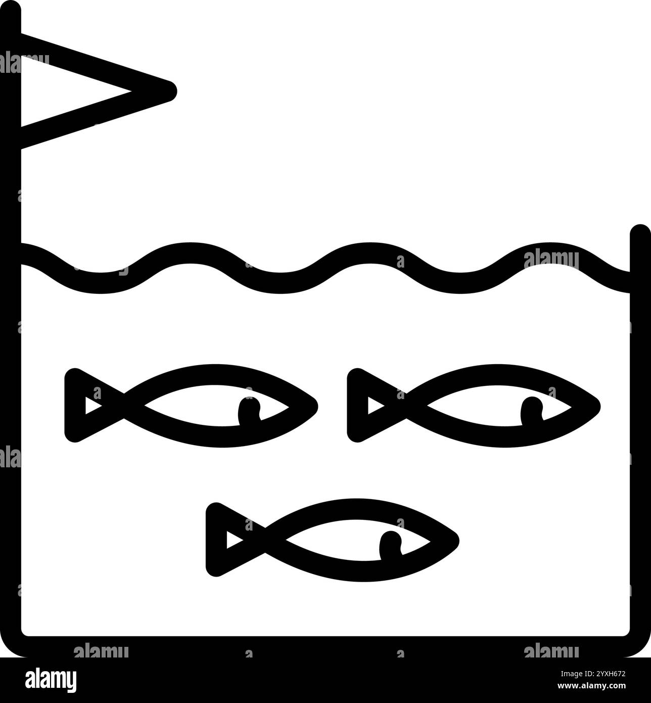 Icône de ligne vectorielle de concept d'étangs de ferme de pêche. Piscine d'essai d'agriculteur avec le signe simple de poisson. Agriculture, pêche, usine de poisson. Doodle coloré isolé Illustration de Vecteur
