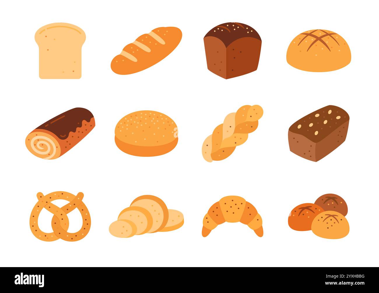 Ensemble plat de pain, nourriture de boulangerie biologique. Seigle, blé, pain de grains entiers, croissant, bretzel, fermier brun, pain hamburger blanc, produits de boulangerie entiers et tranchés sans gluten, tranche blanche cuite, pain sucré Illustration de Vecteur