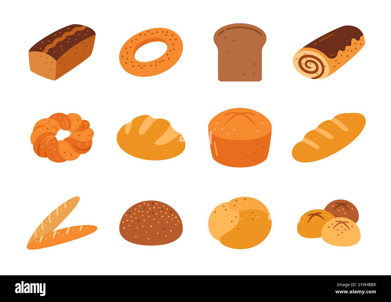 Boulangerie à pain ensemble plat, produits de boulangerie bio, seigle, blé, grains entiers, pain blanc brun de ferme, petit déjeuner rustique sain à grains entiers cuits au four, pain hamburger, baguette française, brioche sucrée avec garniture Illustration de Vecteur
