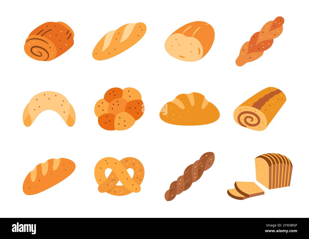 Jeu d'icônes plat pour pain et produits de boulangerie. Pâtisserie fermiers sans gluten. Pain de blé, pita, bretzel, ciabatta, brioche, challah, morceau blanc de grain entier cuit au four, rouleau sucré, pain grillé en tranches de seigle, tranche brune Illustration de Vecteur