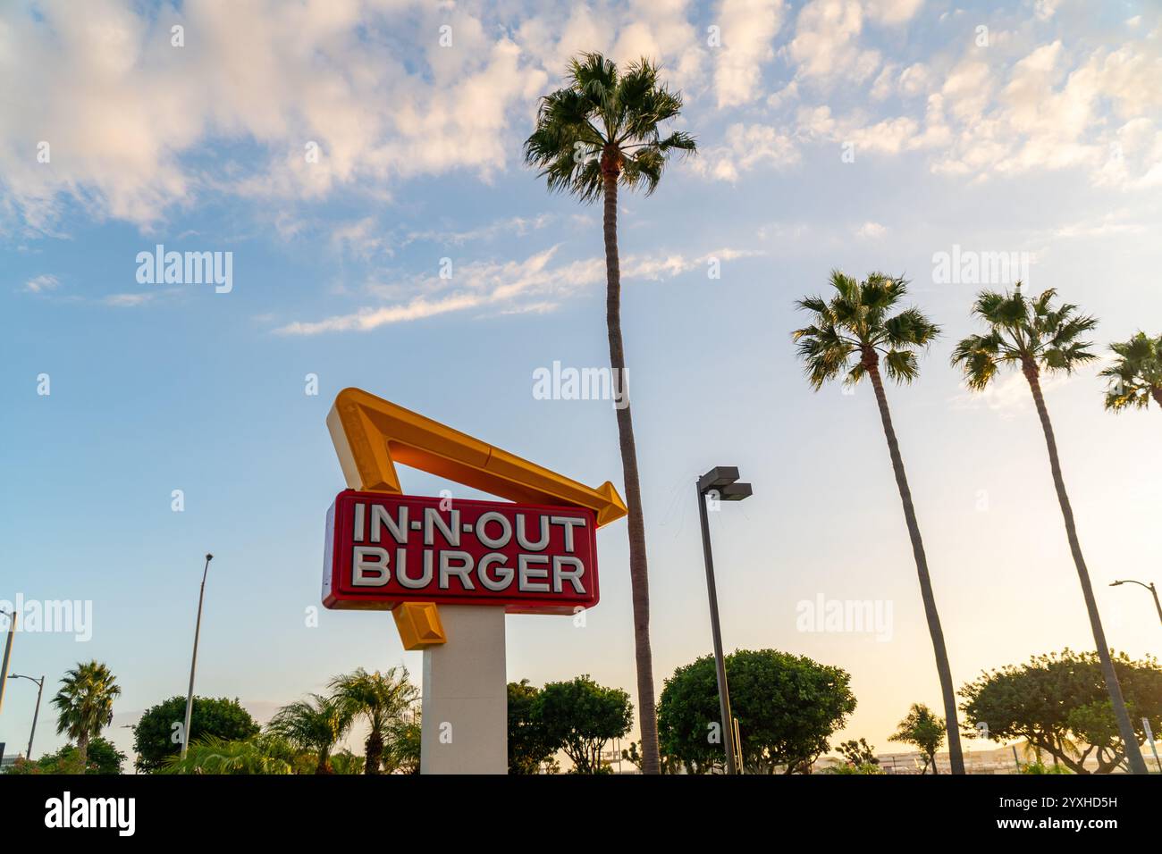 Los Angeles, USA - 30 octobre 2024 : panneau de burger In-n-out près de l'aéroport de LAX, avec des palmiers californiens typiques, en fin d'après-midi Banque D'Images