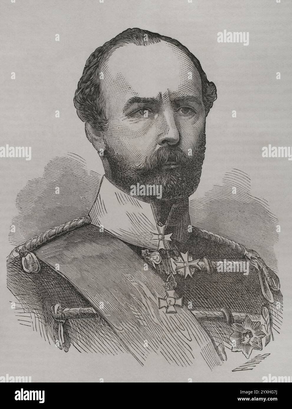 Friedrich Karl (1828-1885) Prince de Prusse de la Maison de Hohenzollern. Portrait. Gravure de París. Historia de la Guerra de Francia y Prusia (histoire de la guerre entre la France et la Prusse). Volume I. publié à Barcelone, 1870. Banque D'Images