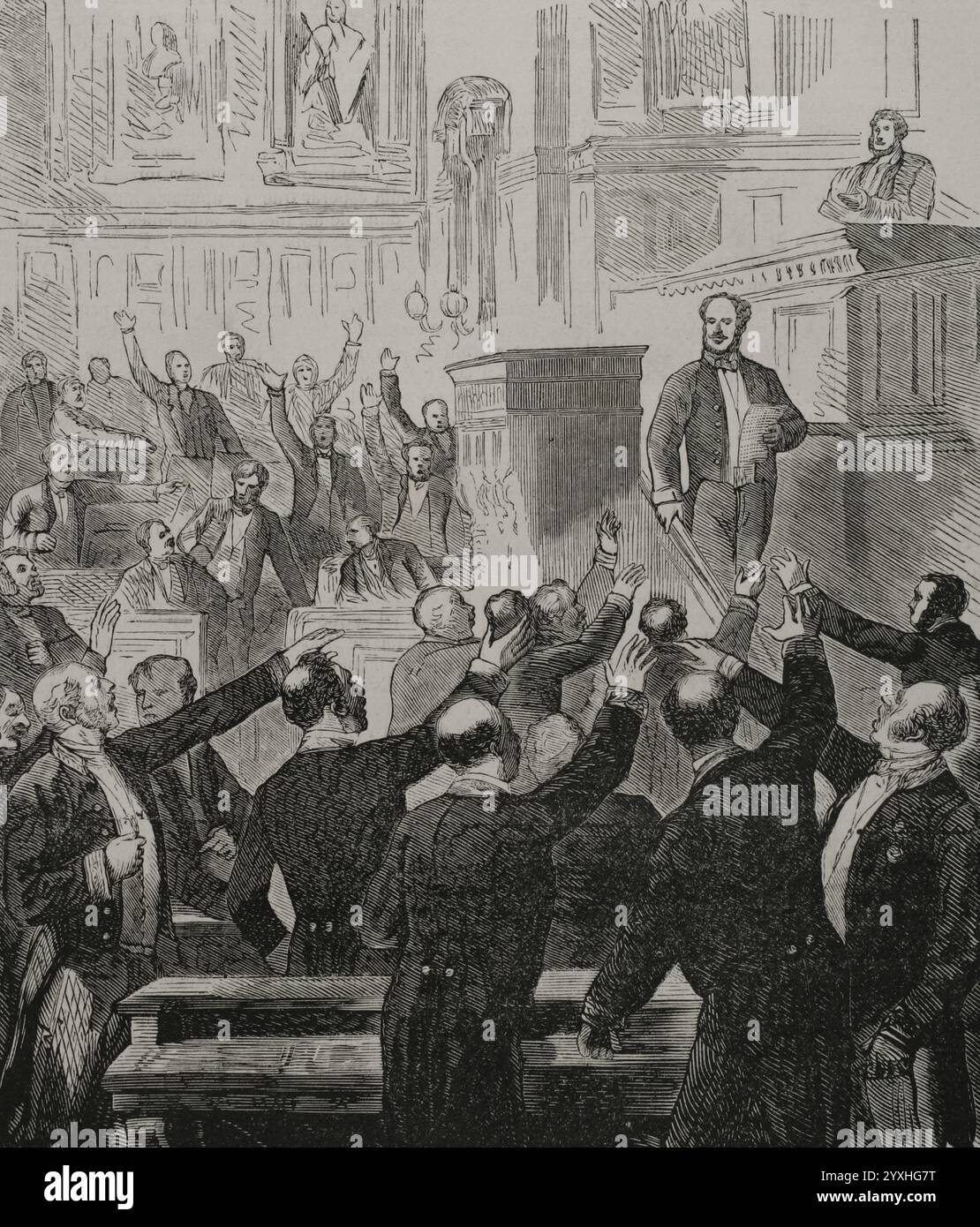 Guerre franco-prussienne (1870-1871). Déclaration de guerre. Séance du Sénat français du 15 juillet 1870. Gravure. Historia de la Guerra de Francia y Prusia (histoire de la guerre entre la France et la Prusse). Volume I. publié à Barcelone, 1870. Banque D'Images