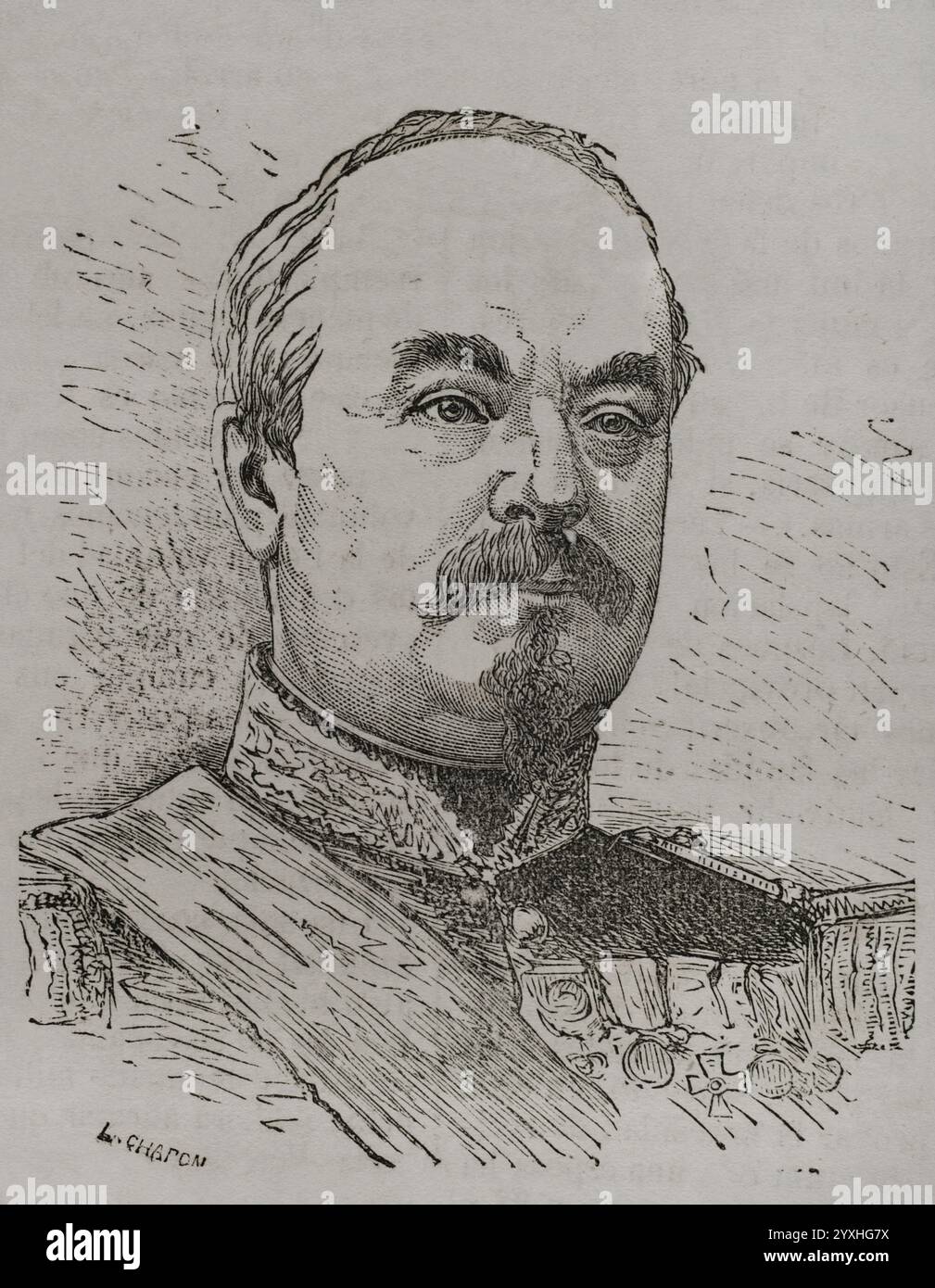 François Achille Bazaine (1811-1888) Maréchal de France. Il participe à la guerre d'Algérie, à la guerre de Crimée, à la seconde intervention française au Mexique et à la guerre franco-prussienne. Portrait. Gravure. Historia de la Guerra de Francia y Prusia (histoire de la guerre entre la France et la Prusse). Volume I. publié à Barcelone, 1870. Banque D'Images