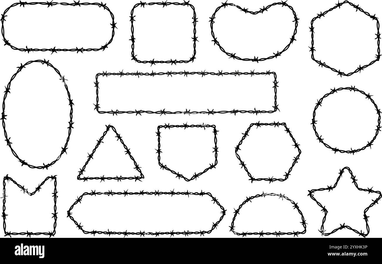 Cadres en fil de fer barbelé. Différentes formes de bordures de barbwire. Sécurité, sûreté, protection des biens, zones publiques ou militaires. Éléments de danger de guerre, néotériques Illustration de Vecteur