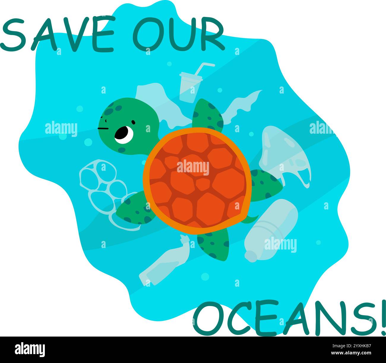 Tortue et pollution plastique. Sauvez le concept de l'océan avec une tortue minuscule dans l'eau sale. Problèmes d'écologie de l'environnement, animaux marins la nature en danger, de nos jours Illustration de Vecteur