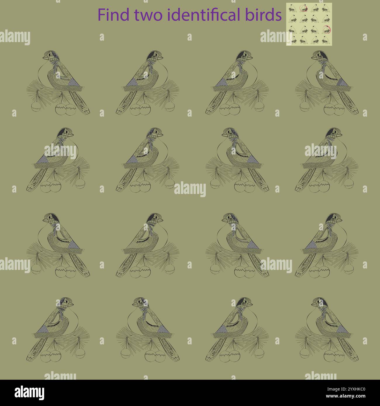 pour les enfants de plus de 6 ans, retrouvez deux oiseaux identiques Illustration de Vecteur